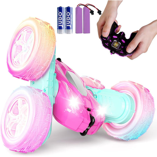 28℃ Remote Control Car for Boys Drift High Speed RC Car 4WD 2.4Ghz Rechargeable RC Truck Double Sided 360 Flip Headlight Wheel Light Off-Road Stunt Toy Car for Kids Boys Girls Pink