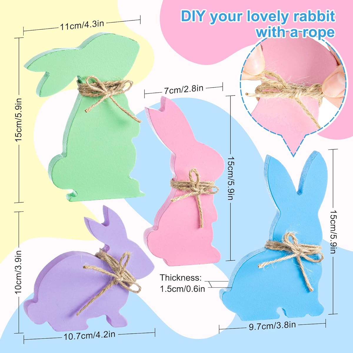 Whaline Easter Bunny Wooden Sign 4 Designs Easter Wooden Table Centerpiece with Jute Hemp Rope Free Standing Rabbit Shape Tabletop Decor Spring Birthday Home Office Gift