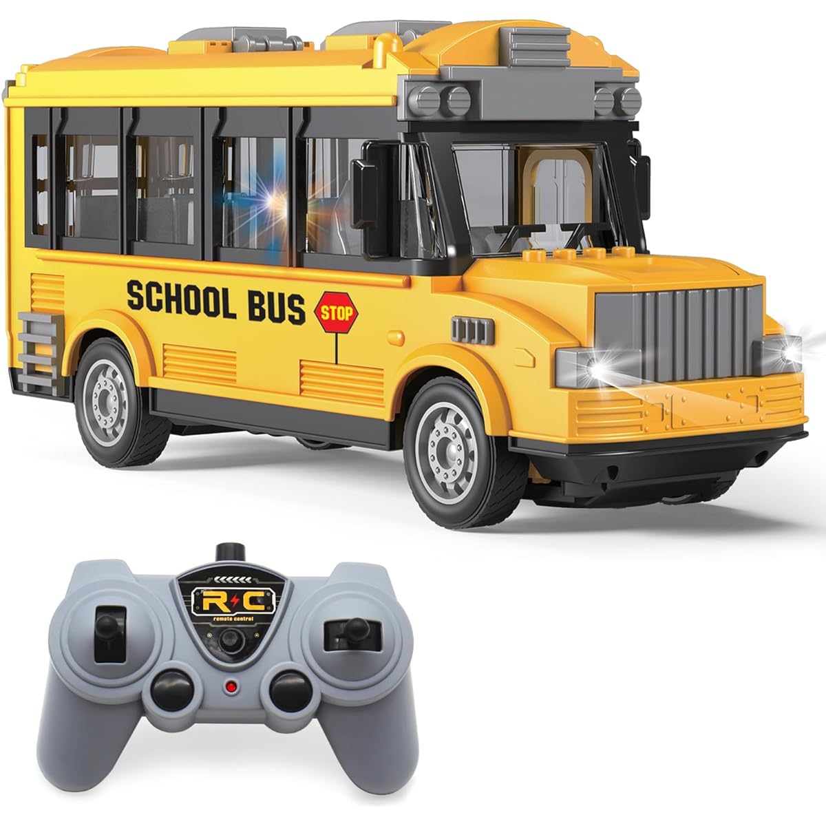 Dollox 1/30 RC School Bus 2.4G Remote Control School Car 4 Channel City Classic Bus Toy Electronic Vehicle for Toddlers with Open Door Light for Children Boys Girls 3 4 5 6 7 8 Years Old