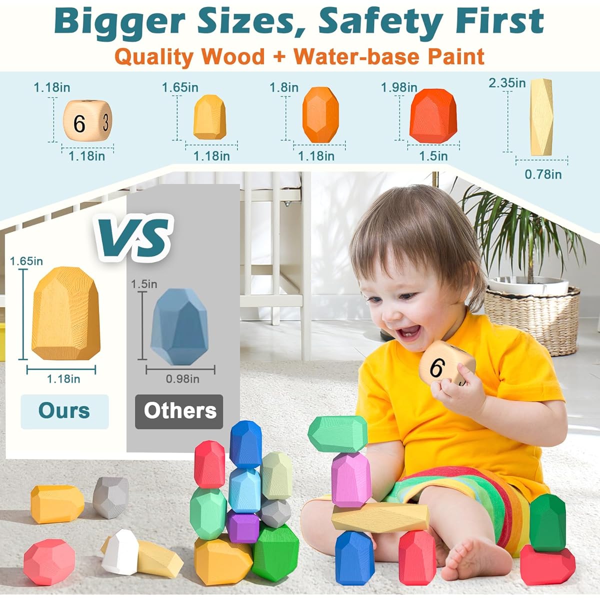 Toys for Toddlers Wooden Stacking Rocks Big Dice Set Preschool Learning Activities Classroom Supplies Building Blocks Safe Creative Kids Toys Family Games Montessori Toys Ages 1+ Boys Girls