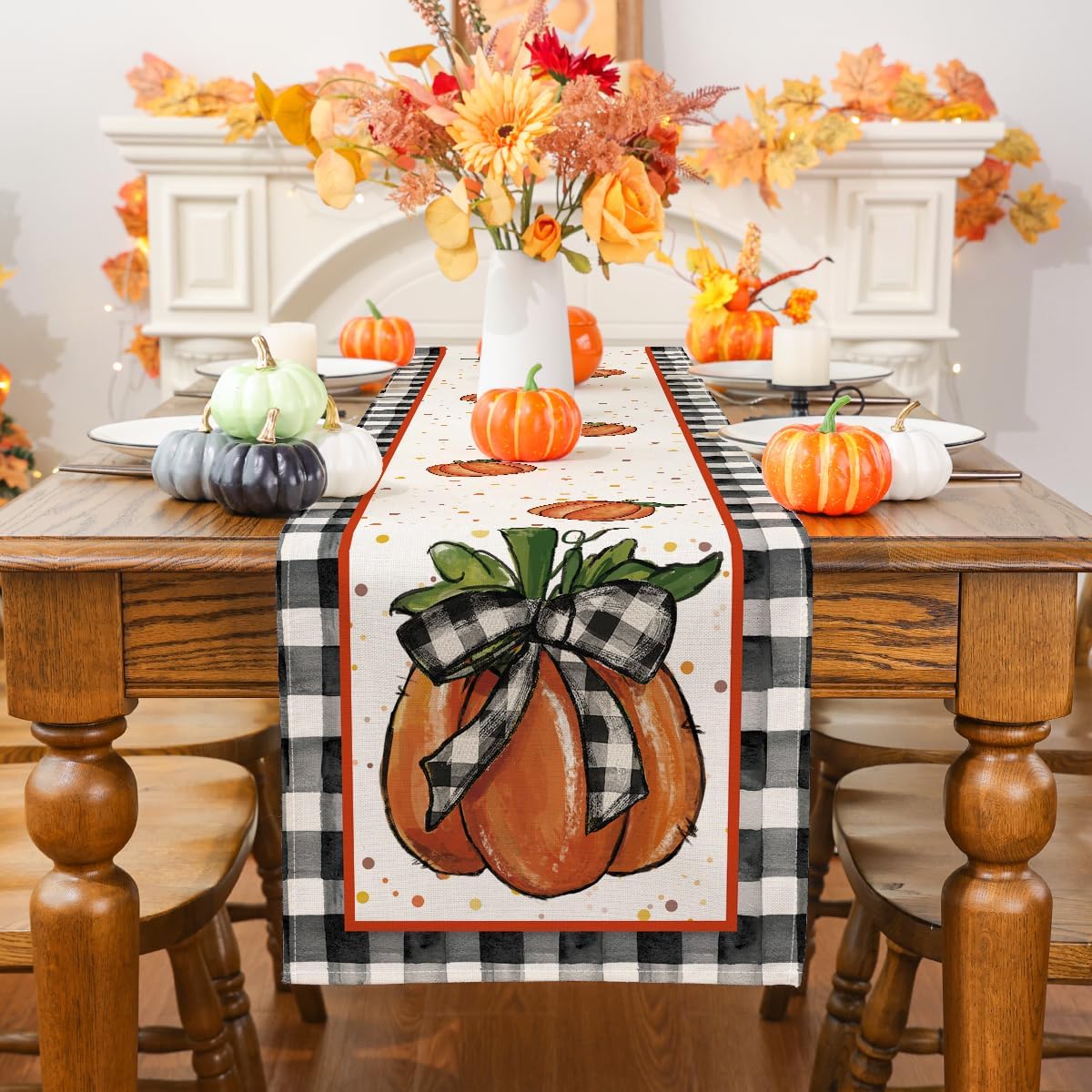 Siilues Fall Table Runner Pumpkin Fall Leaves Fall Decor Fall Runner for Table Seasonal Fall Thanksgiving Holiday Decor Indoor Outdoor Dining Table Decorations (13" x 60")
