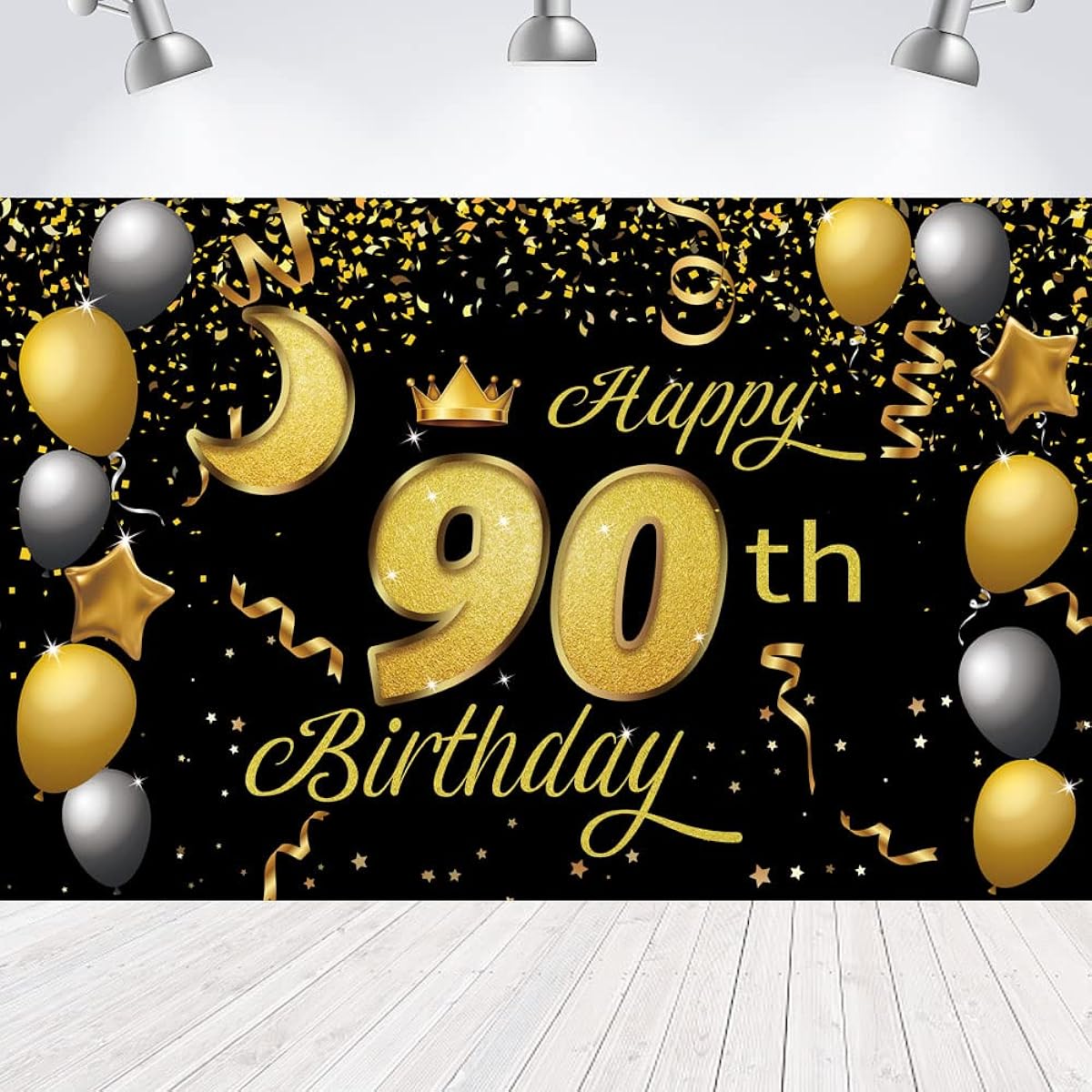 Sweet Happy 90th Birthday Backdrop Banner Poster 90th Birthday Party Decorations 90th Birthday Party Supplies 90th Photo Backdrop for Girls Boys Women Men - Black Gold 72.8 x 43.3 inches