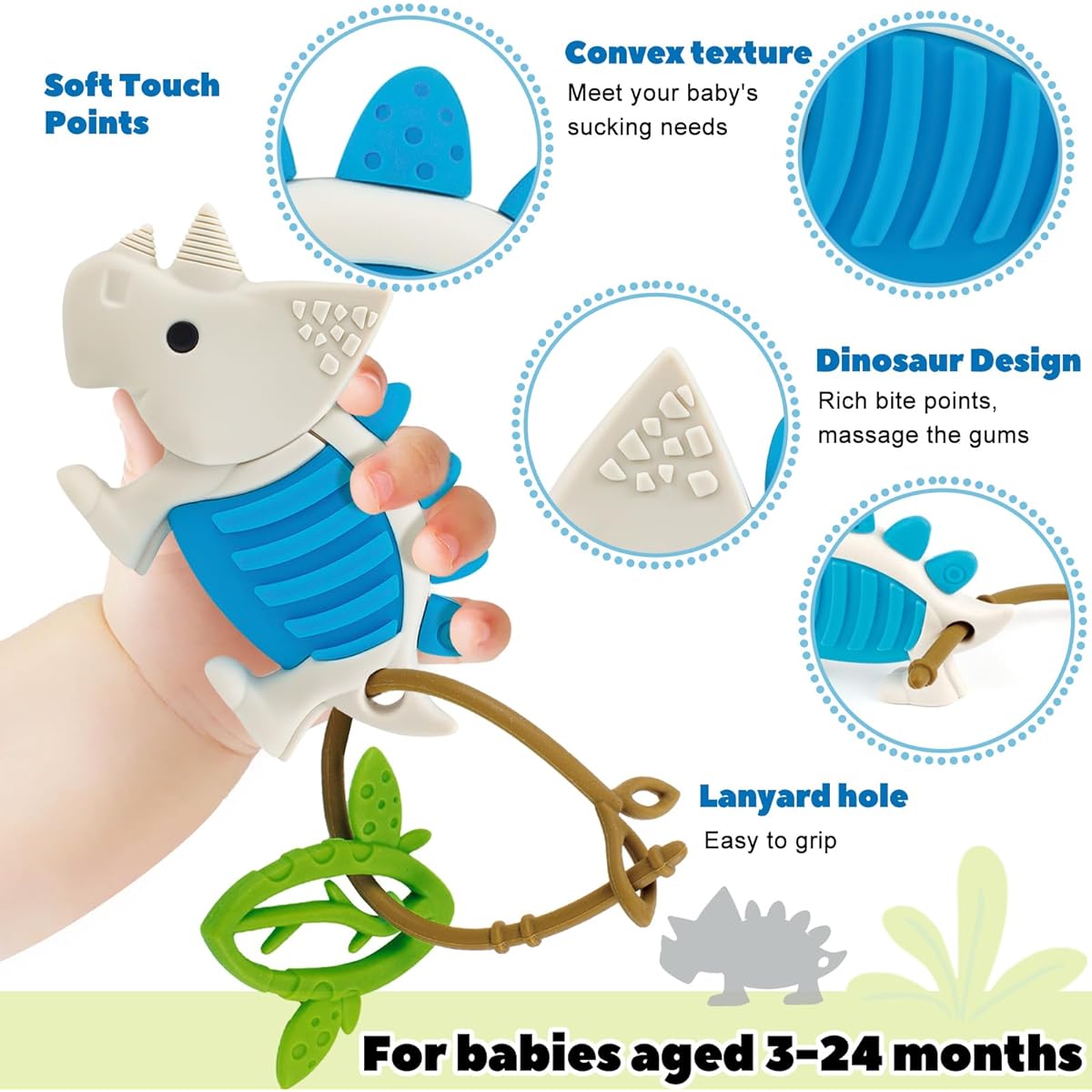 Teddy Run Baby Teething Toys - Dinosaur Silicone Baby Teethers Relief for Babies 3-6, 6-12 Months, BPA-Free Teether Gifts Baby Shower Toy Easy-to-Hold Soothing Teether for Toddlers and Infants(Blue)