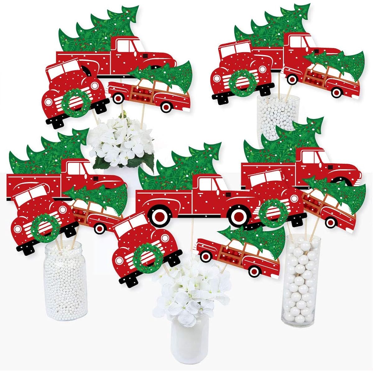 Merry Little Christmas Tree - Red Truck and Car Christmas Party Centerpiece Sticks - Table Toppers - Set of 15