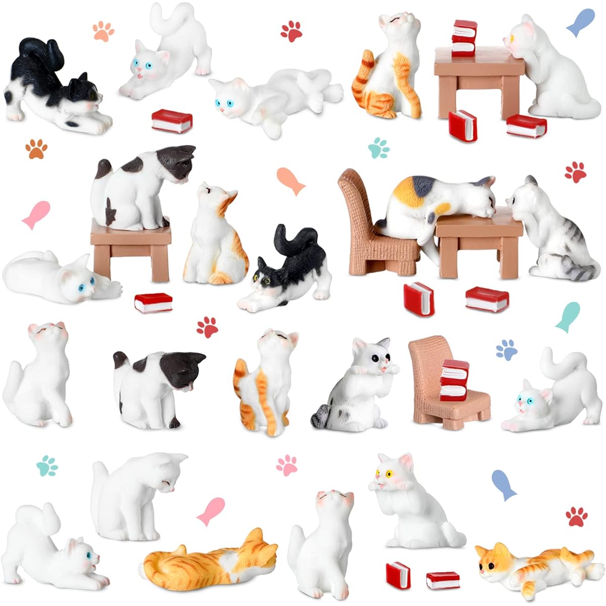 38pcs Mini Cat Figurines Playset Toys 12 Different Styles Realistic Cat Figures Miniature Kawaii Cat Party Favors Pretend Pet Cake Topper Decoration Chair Book Role Play Educational Toy