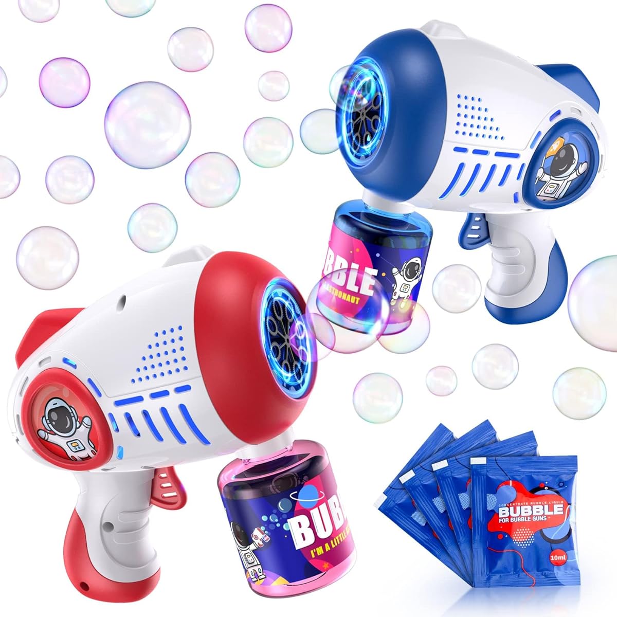 Minetom 2 Bubble Guns for Kids Toddlers with 2 Bottles of Bubble Solution, 360 Degree Leak-Proof Design, Bubble Blower for Party Favors, Summer Toys, Outdoor Activities