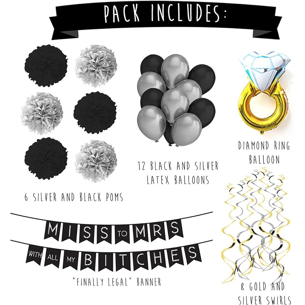 Sterling James Co. Miss to Mrs Classy & Sassy Bachelorette Black & Silver Party Pack Bachelorette Party Decorations Favors