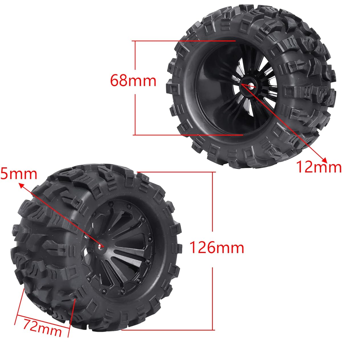 4X 125mm OD RC Truck Tires and Wheels with 12mm Hex Hub for 1/10 Scale Traxxas Redcat Exceed RC Car Model