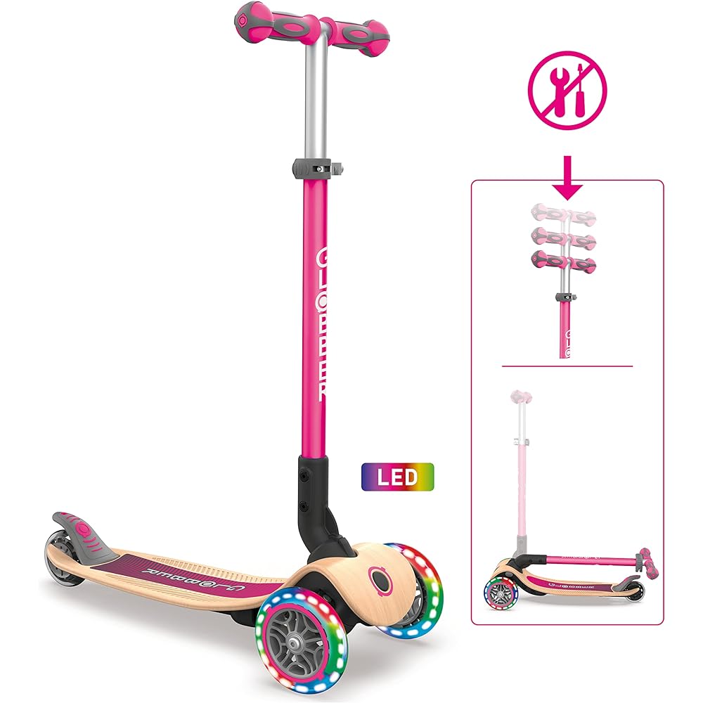 GLOBBER Kickboard Flash Glowing 3 Wheel Wood Deck Foot Brake Outdoor Play Children Vehicle Kick Scooter Primo/Foldable/Wood/Light Navy Pink WLGB436110