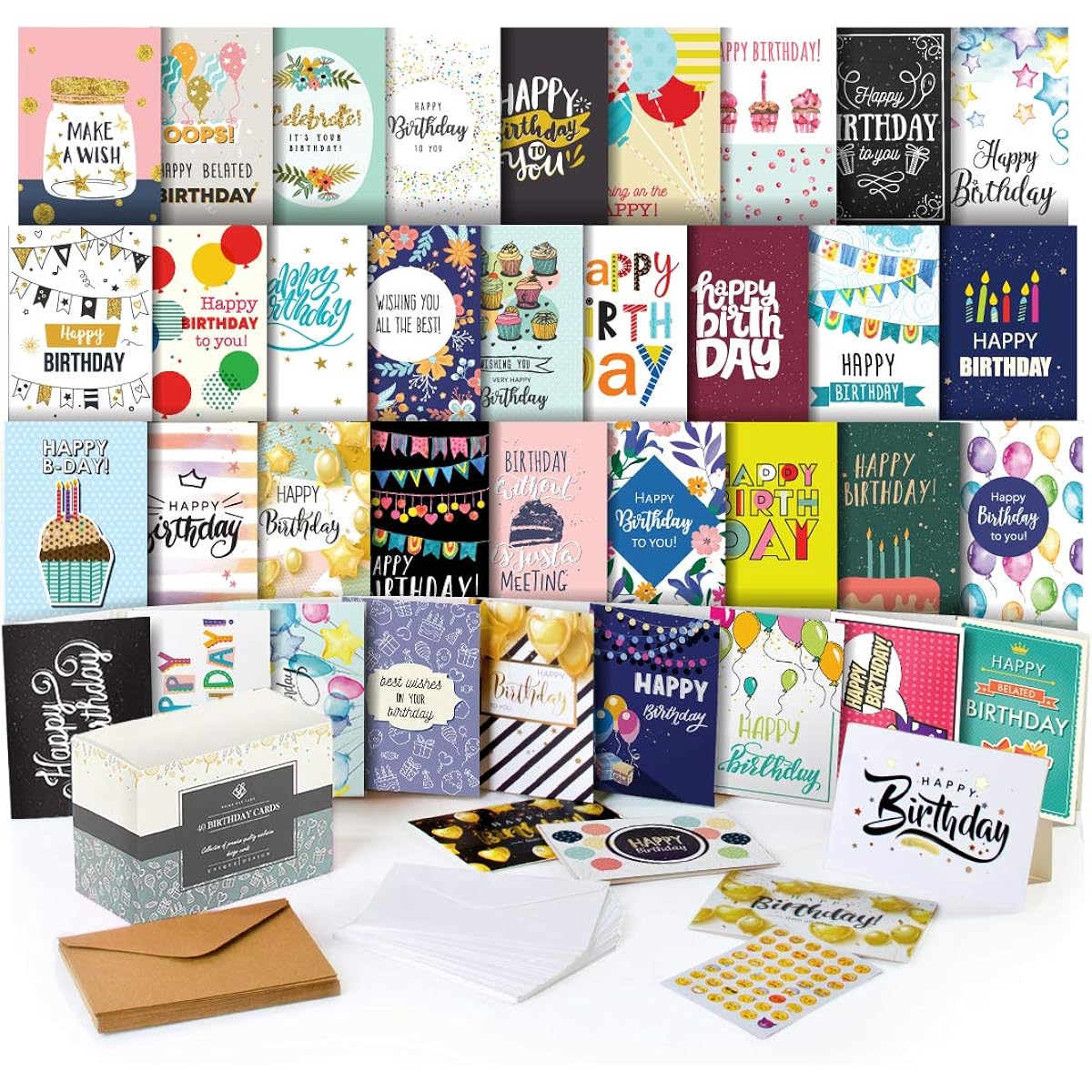 60 Assorted Happy Birthday Cards - Birthday Cards Bulk - 5x7 Assorted Variety Box Set Pack Unique Designs with Envelopes - Birthday Cards for Unisex Kids - Office - with Greeting Message