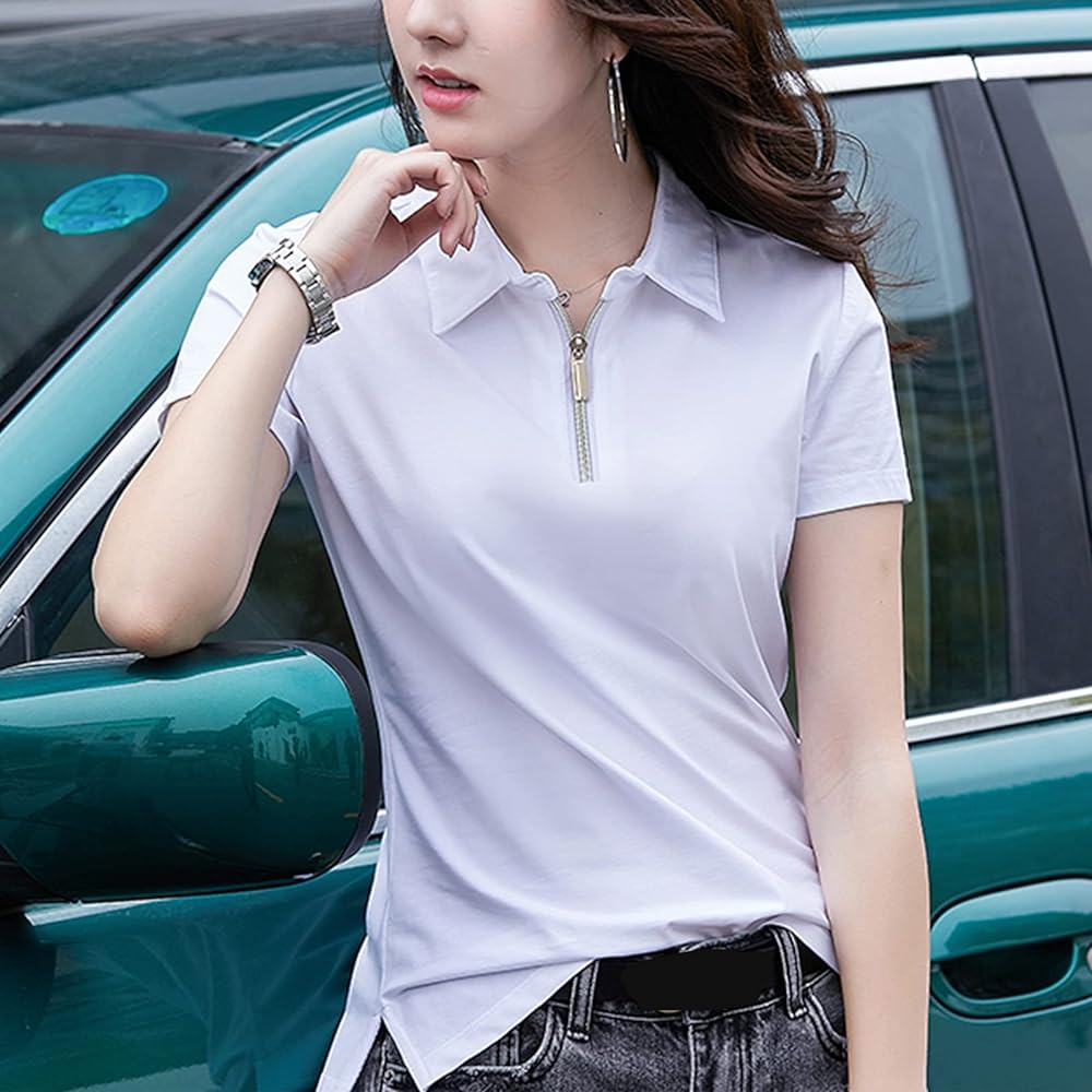[Rortyno] Polo Shirt, Summer Clothing, Women's, Plain, Golf Shirt, Zip Up Polo T-Shirt, Half Zip, Tennis Wear, Sportswear, Work Wear, Collared Short Sleeve Shirt, Cotton Polo Shirt