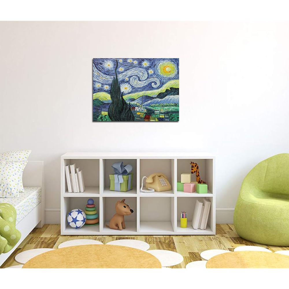 Fokenzary Hand Painted Oil Painting on Canvas Vincent Van Gogh Starry Night Reproduction Wall Decoration Framed Ready to Hang 60x80cm
