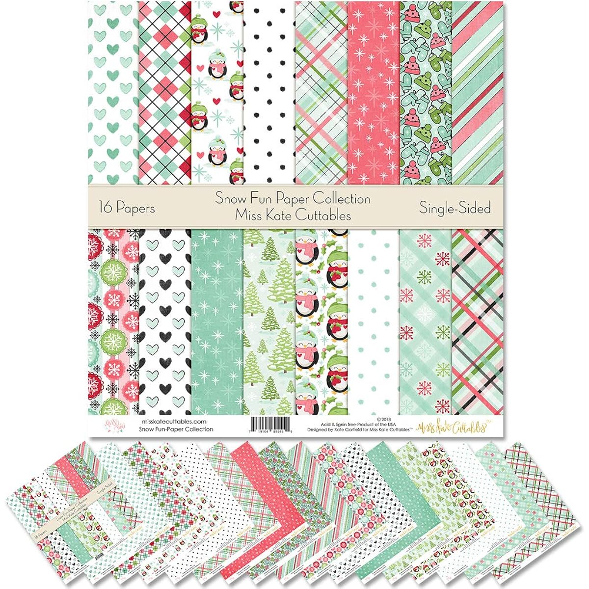 Miss Kate Cuttables Pattern Paper Pack Snow Fun Scrapbook Premium Specialty Paper Single Sided 12"x12" Collection 16 Sheets