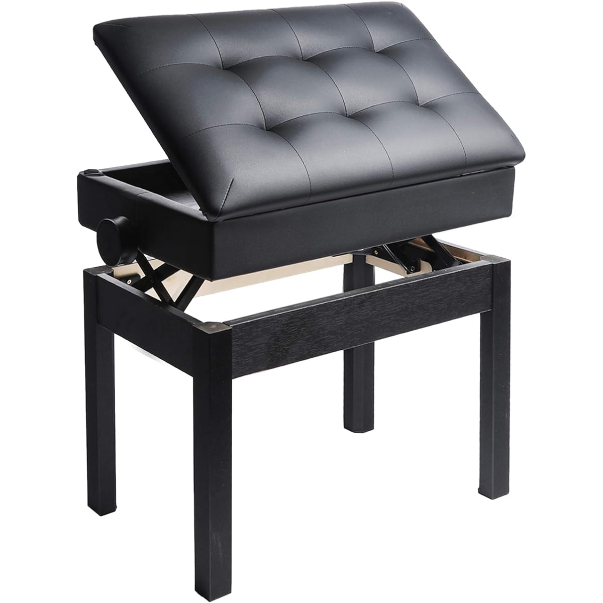 Mu PU Leather Adjustable Piano Bench with Waterproof Cushion Inner Solid Flip Top Extra Music Storage for Single Person (Black)