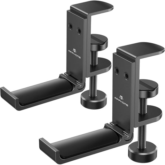 APPHOME Foldable Headphone Stand Hanger Holder Space Saving Aluminum Soundbar Stand Universal Fit for Gaming PC Accessories Under Desk Clamp Hook Mount (Black-2pcs)