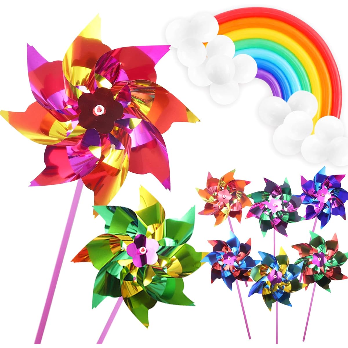 Windmill Rainbow Party Favors Supplies 75 Pack for Kids Outdoor Play Plastic Rainbow Windmills for Kids Yard Windmill Rainbow White Balloons Pinwheel Birthday Party Balloons Outdoor Lawn Decorations