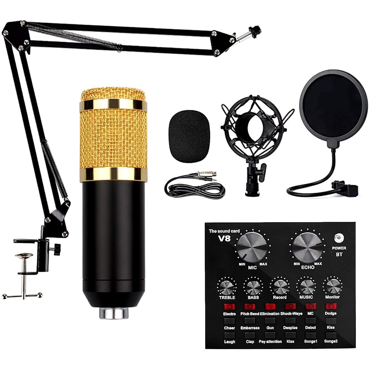 Microphone Kit, Live Sound Card Microphone Kit, Voice Changer Kit with 12 Sound Effects, Adjustable Mic Suspension Scissor Arm Mixer Board