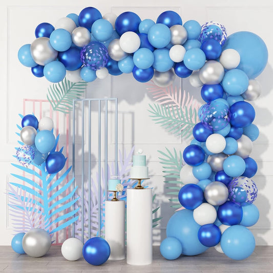 123pcs Blue Balloon Garland Arch Kit with 18" 12" 10" 5" Navy Blue Silver Metallic White Confetti Balloons and 6 Tools for Birthday Party Theme Wedding Baby Shower Graduation Backdrop Supplies