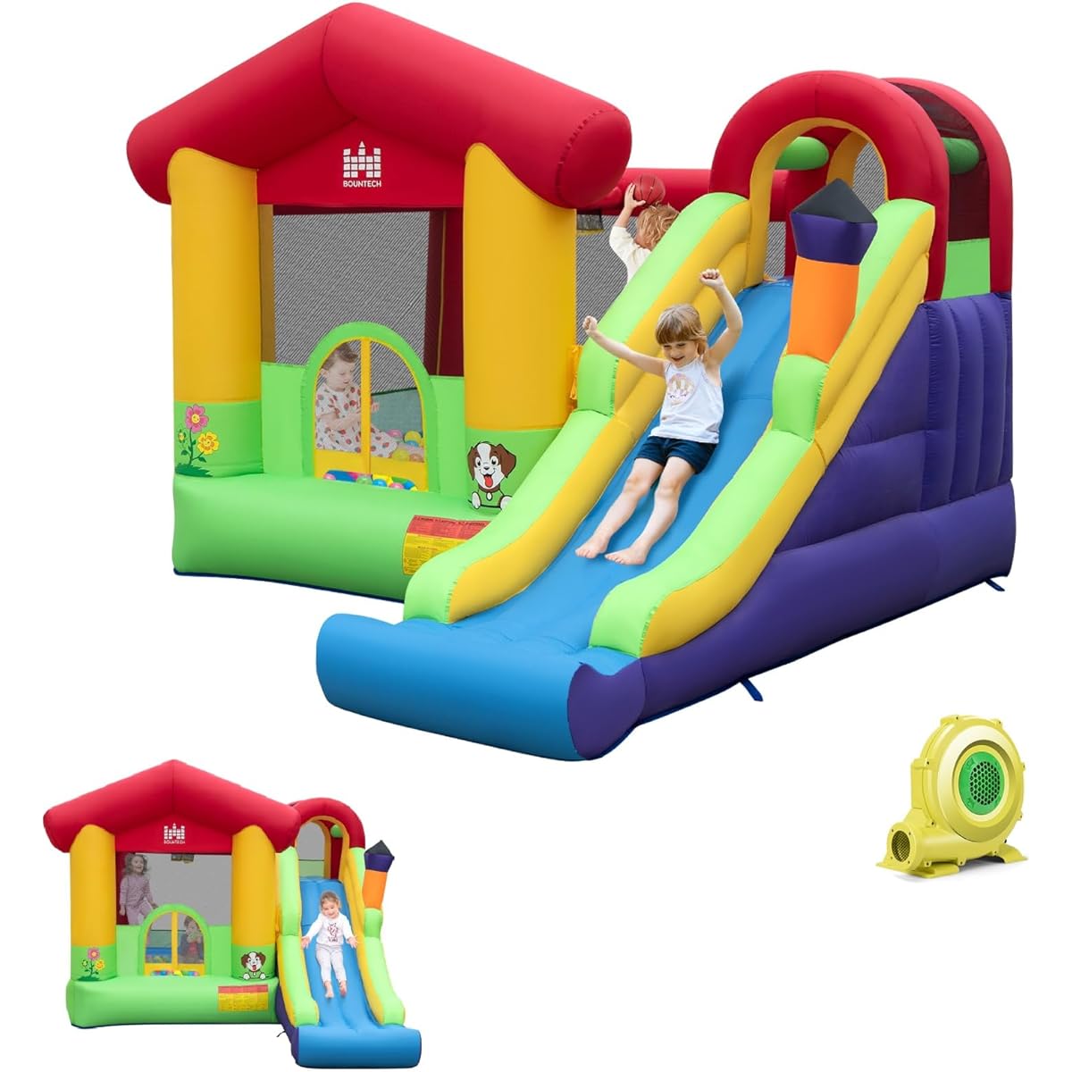 BOUNTECH Inflatable Bounce House Kids Bouncy House 5-12 Years Indoor Outdoor with Long Slide 735W Blower Climbing Wall Portable Toddler Bounce House Backyard Birthday Party Gift