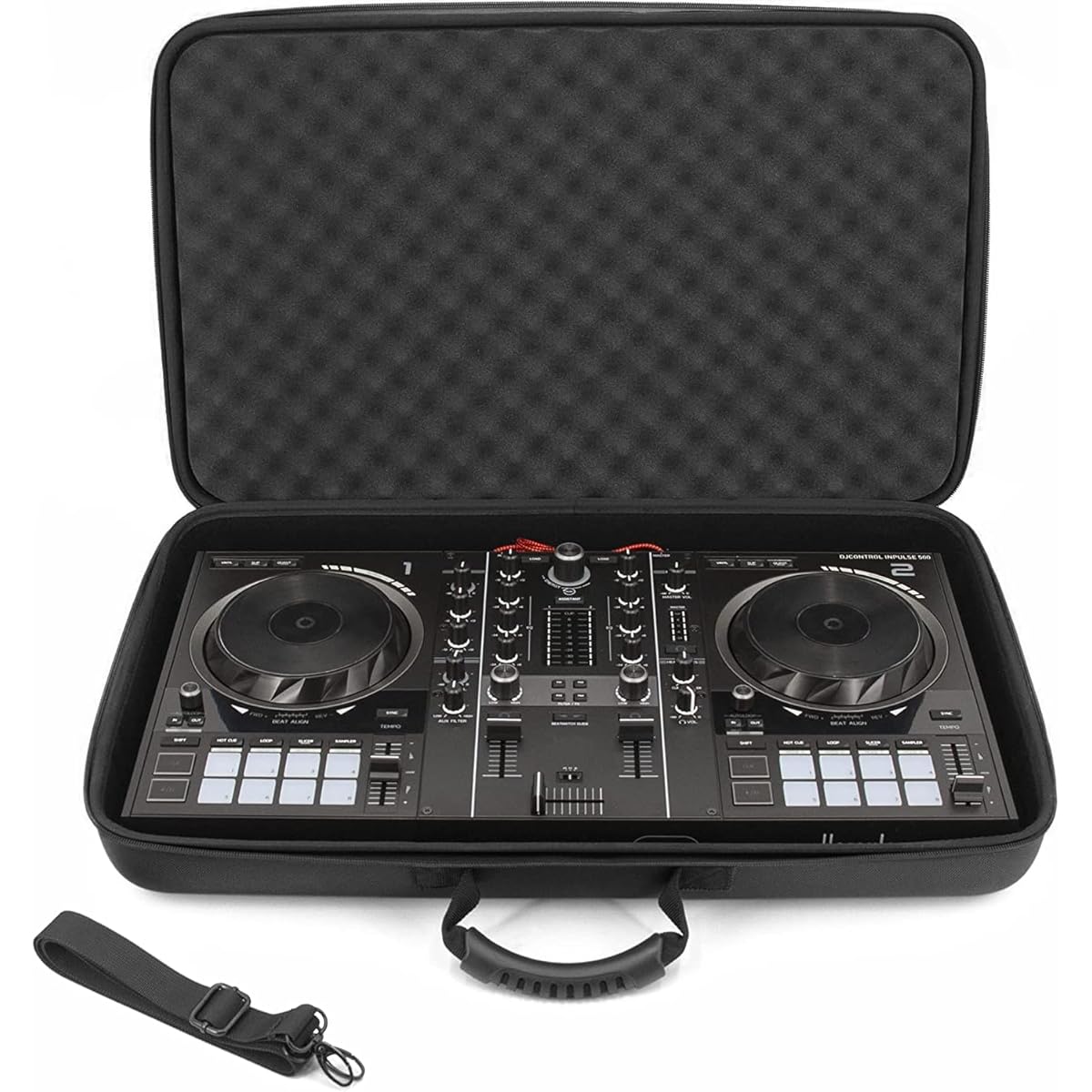 CASEMATIX DJ Controller Travel Case Compatible with Hercules Inpulse 500 - Hard Shell DJ Mixer Carrying Case with Shoulder Strap & Shock Absorbing Foam for Audio Controllers and Equipment, Black