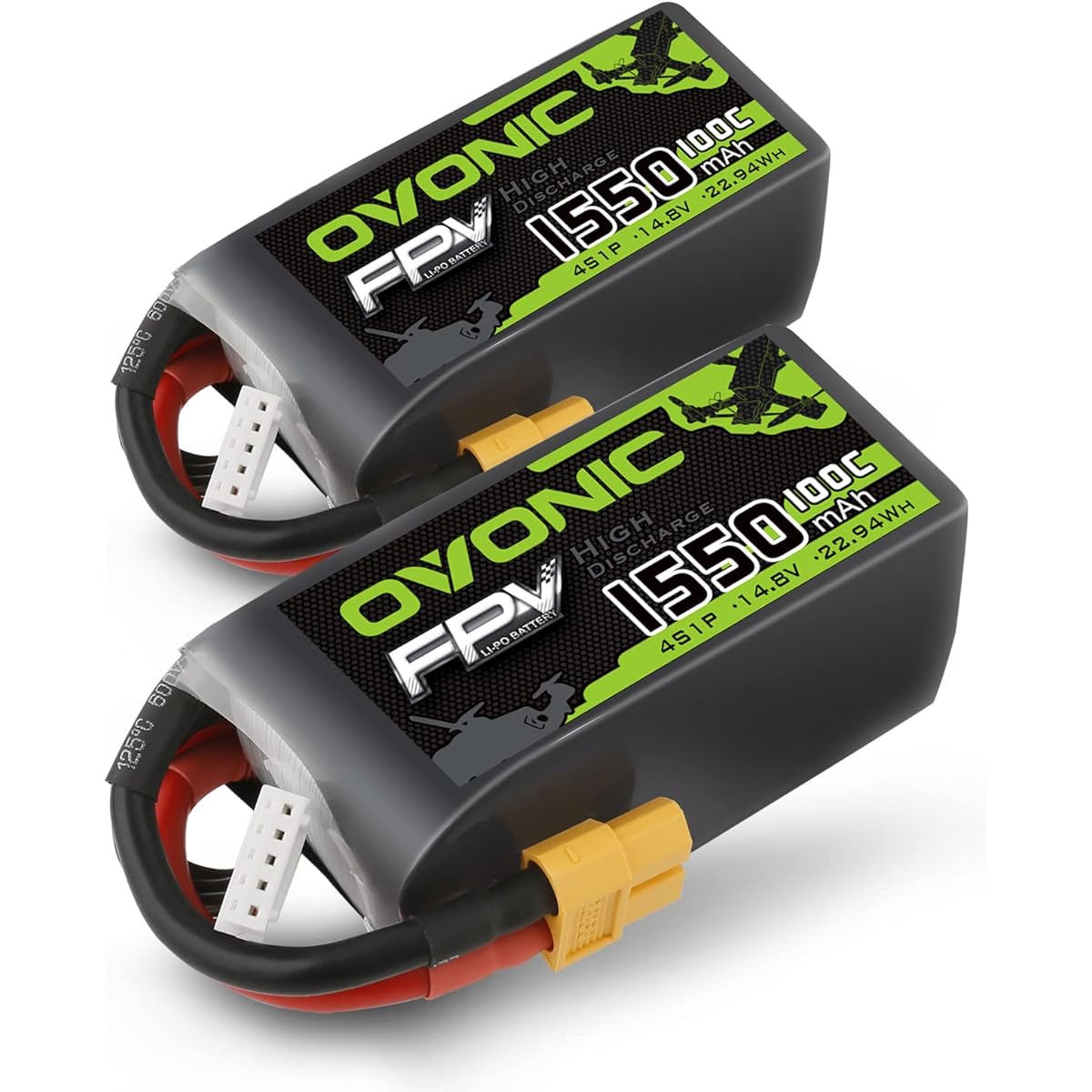 OVONIC 4s Lipo Battery 100C 1550mAh 14.8V Lipo Battery with XT60 Connector for RC FPV Racing Drone Quadcopter (2 Pack)