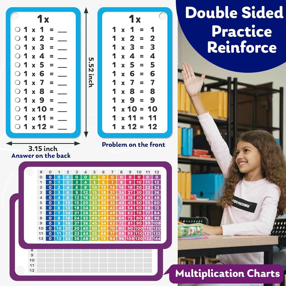 Artreeiger Multiplication Flash Cards 0-12 Large Math Flash Cards with 4 Dry Erase Markers, 2 Rings, 2 Multiplication Charts, Educational Times Table Flash Cards for Classroom/Home/Fun Math Game Chart