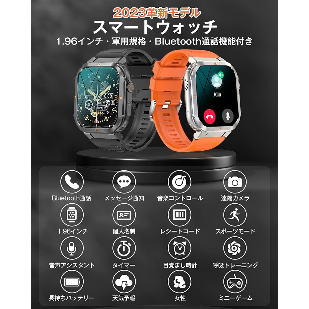 Smart Watch (2023 Innovation Model, Military Standard Shockproof, Waterproof, Dustproof), 1.96-inch Large Screen, Bluetooth 5.2 Calling Function, Personal Business Cards, PayPal Deposit Cord, 100+