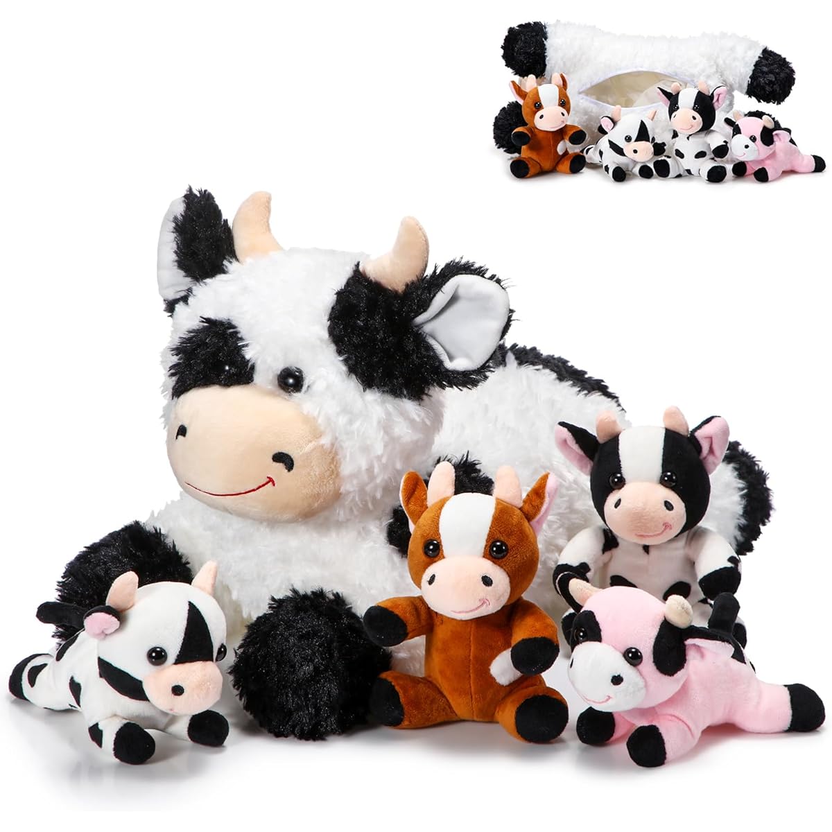 Shappy 5 Piece Stuffed Cow Animal Set, 1 Mummy Cow Plush Toy, 4 Baby Belly Cute Stuffed Cows, Cuddly Soft Plush Toy Set, Party Favors, Boys Girls, Birthday Gift