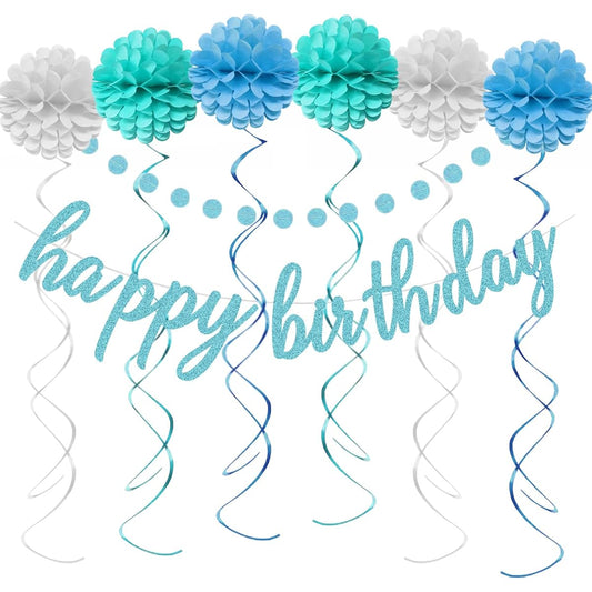 Aonor Blue Happy Birthday Decorations - Sparkly Blue Happy Birthday Banner Sign Pom Pom Flowers Glitter Circle Dot Garland Hanging Swirls Blue Birthday Party Decoration Supplies