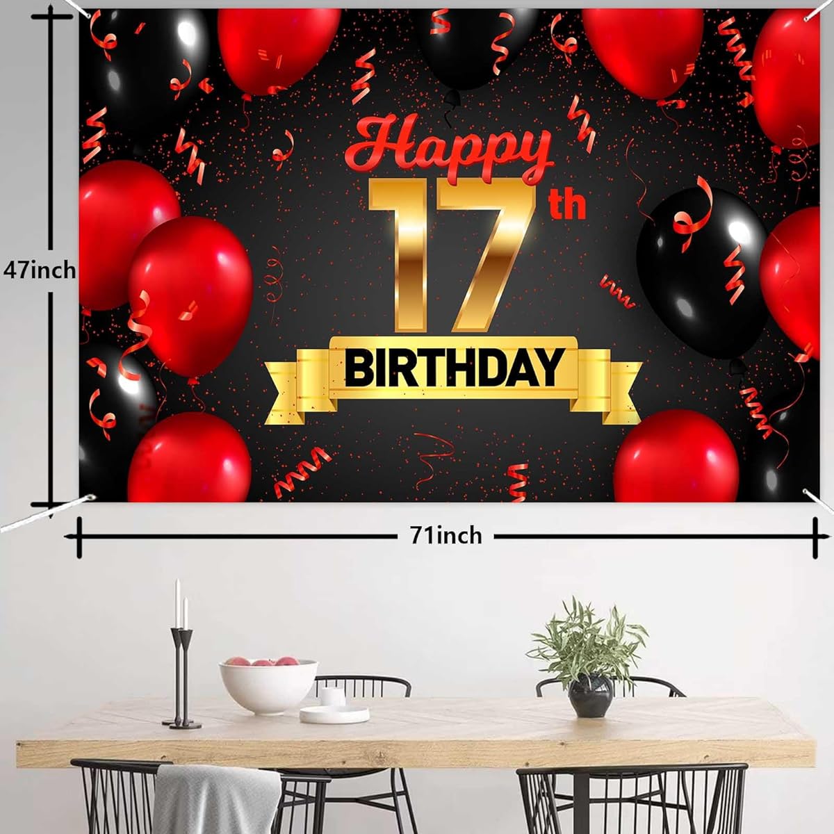 Happy 17th Birthday Red Black Decorations Banner Backdrop Balloons 17 Years Old Buddy Theme Decor for Girls Boys Happy 17th Birthday Party Photo Booth Props Giveaway Supplies