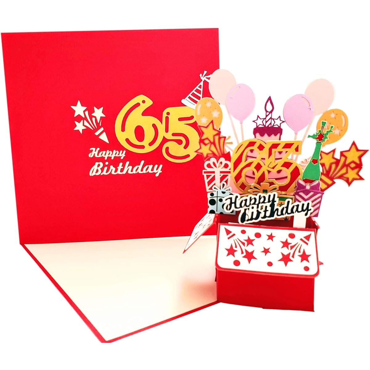 iGifts And Cards Happy 65th Red Birthday Party Box 3D Pop Up Greeting Card - Sixty-Five, Awesome, Balloon, Unique, Celebration, Feliz Camprinho, Fun