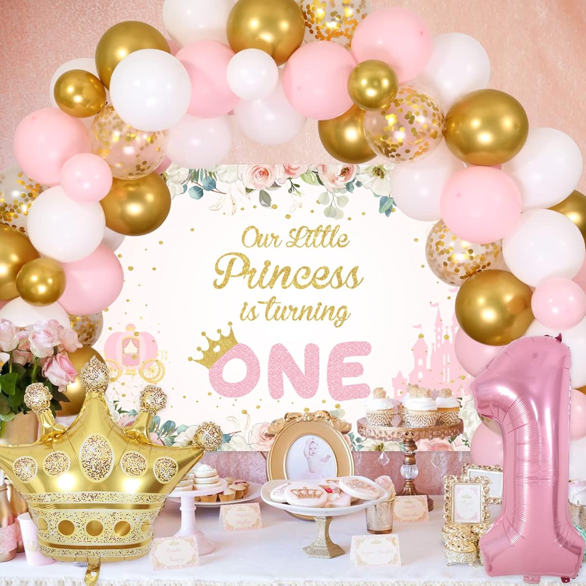 kreat4joy Little Princess 1st Birthday Decorations, Gold, Pink & White, Women's 92 Pieces with Background & Crown Foil Balloons