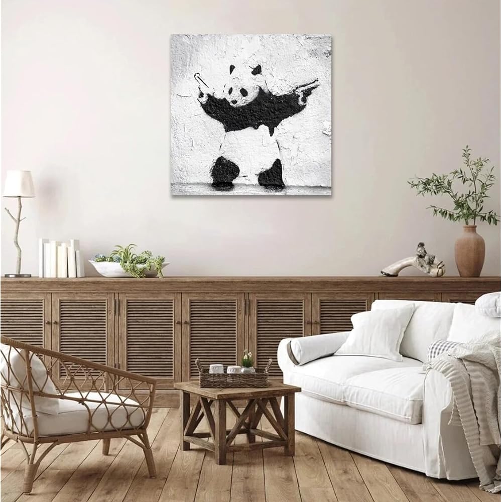 Banksy Art Panel Extra Large Panda Holds a Gun Painting Animal Poster Interior Painting Entrance Wall Painting Wall Hanging Art Finished Product with Wooden Frame (60*60cm)