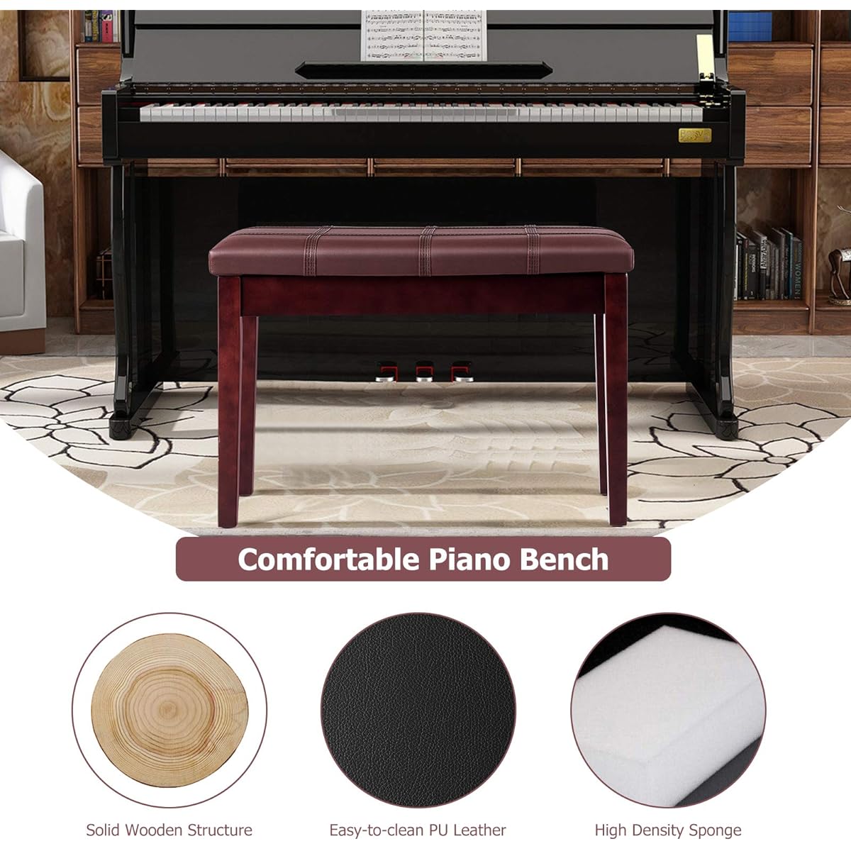 Giantex Wooden Duet Piano Bench with Padded Cushion and Music Storage, PU Leather Keyboard Seat Piano Stool with Sturdy Locking Hinges and Anti-Slip Pad, Perfect for Home Use (Brown)