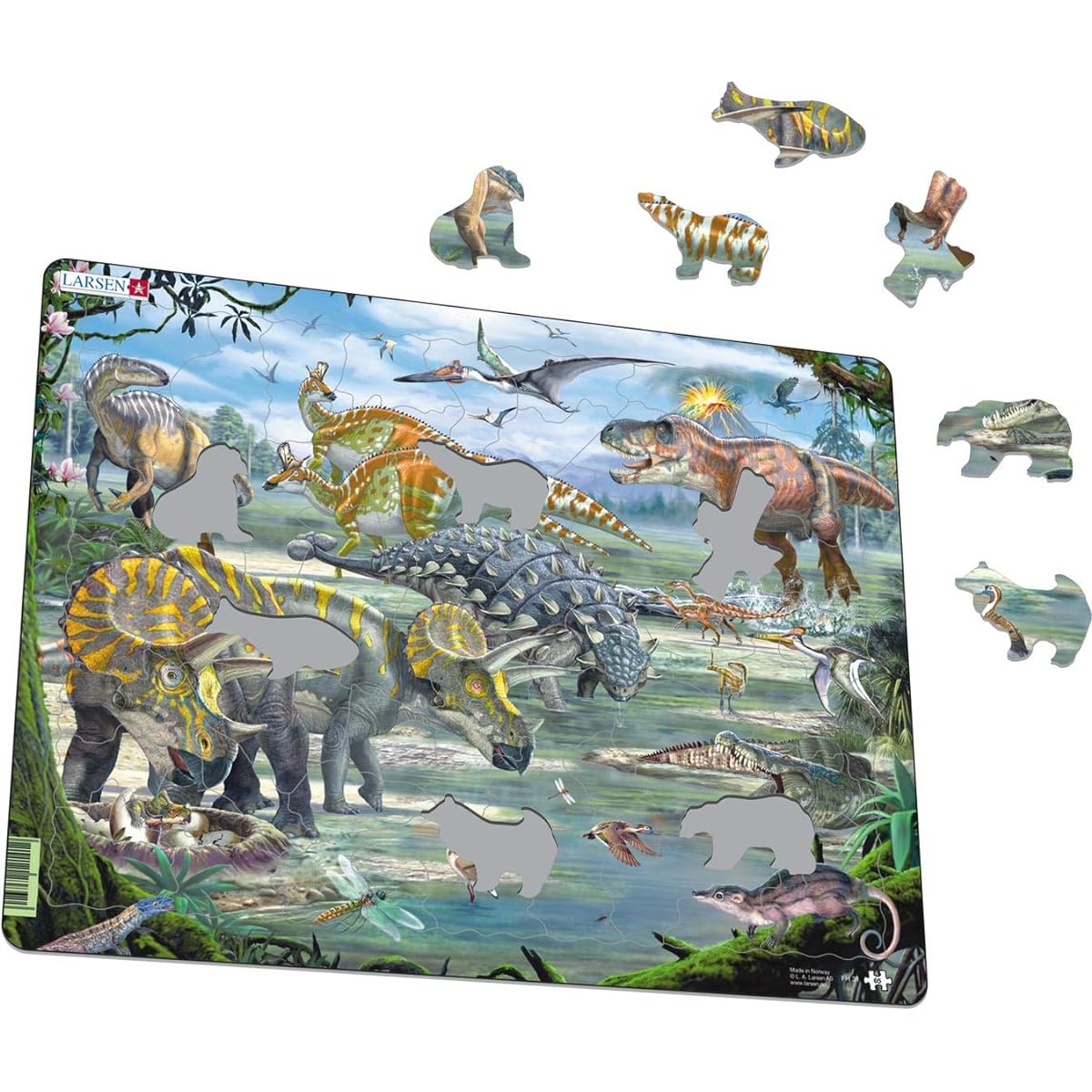 Larsen Puzzles Dinosaur Educational Jigsaw Puzzle - 65 Piece Tray & Frame Style Puzzle - Exclusive Premium Handmade Puzzle - Imported from Norway