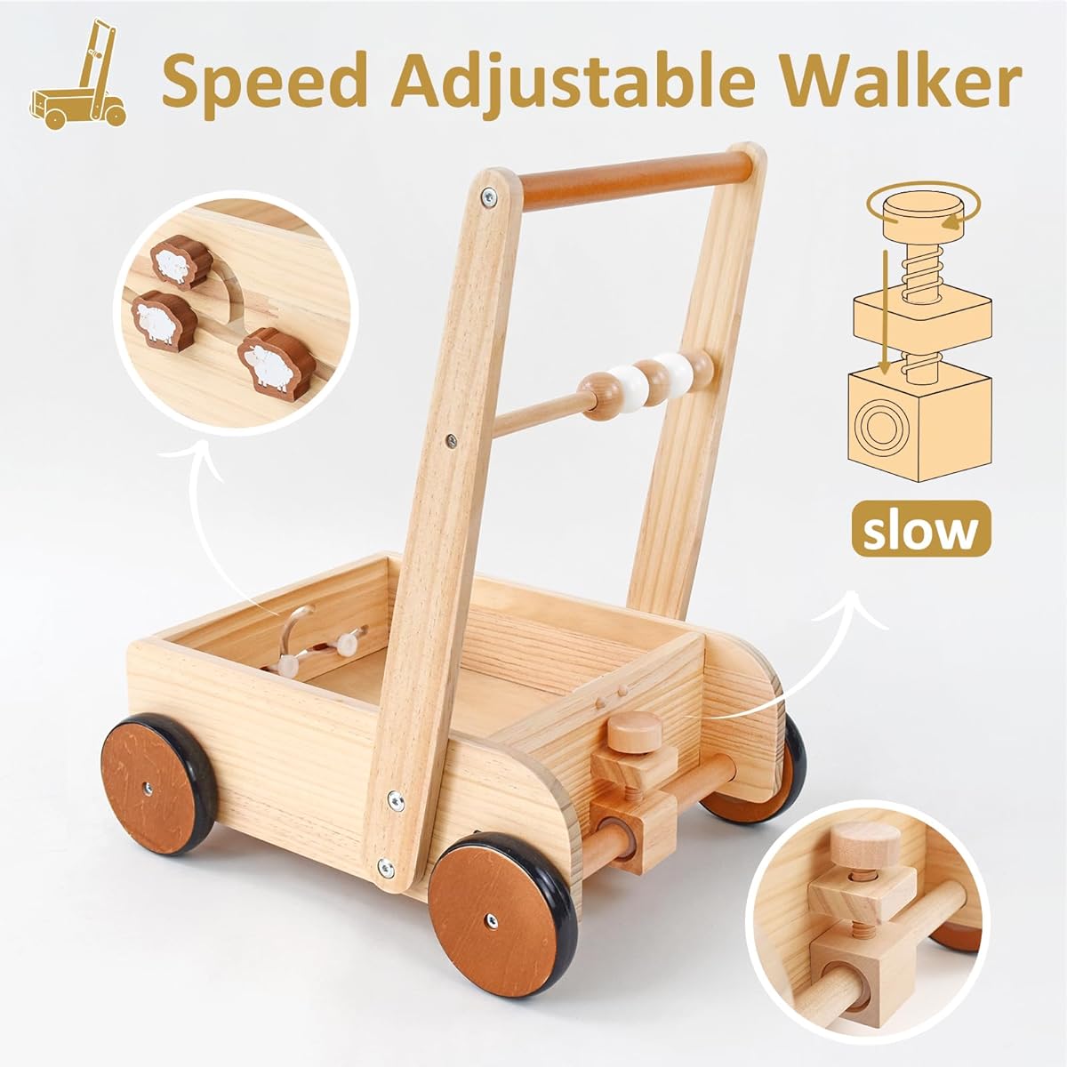 PairPear Wooden Baby Walker Push Toy Adjustable Speed Natural Wooden Push Walker for Babies Learning to Walk Toddler Push & Pull Toy for Babies Girls Boys 1-2 Years Old