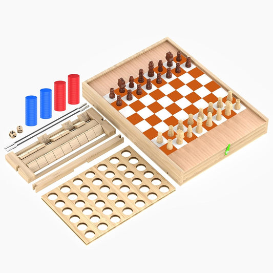 5-in-1 Wooden Board Game Set Chess Checkers Shut the Box Hockey Game Sling Puck for Kids Adults Family Fun