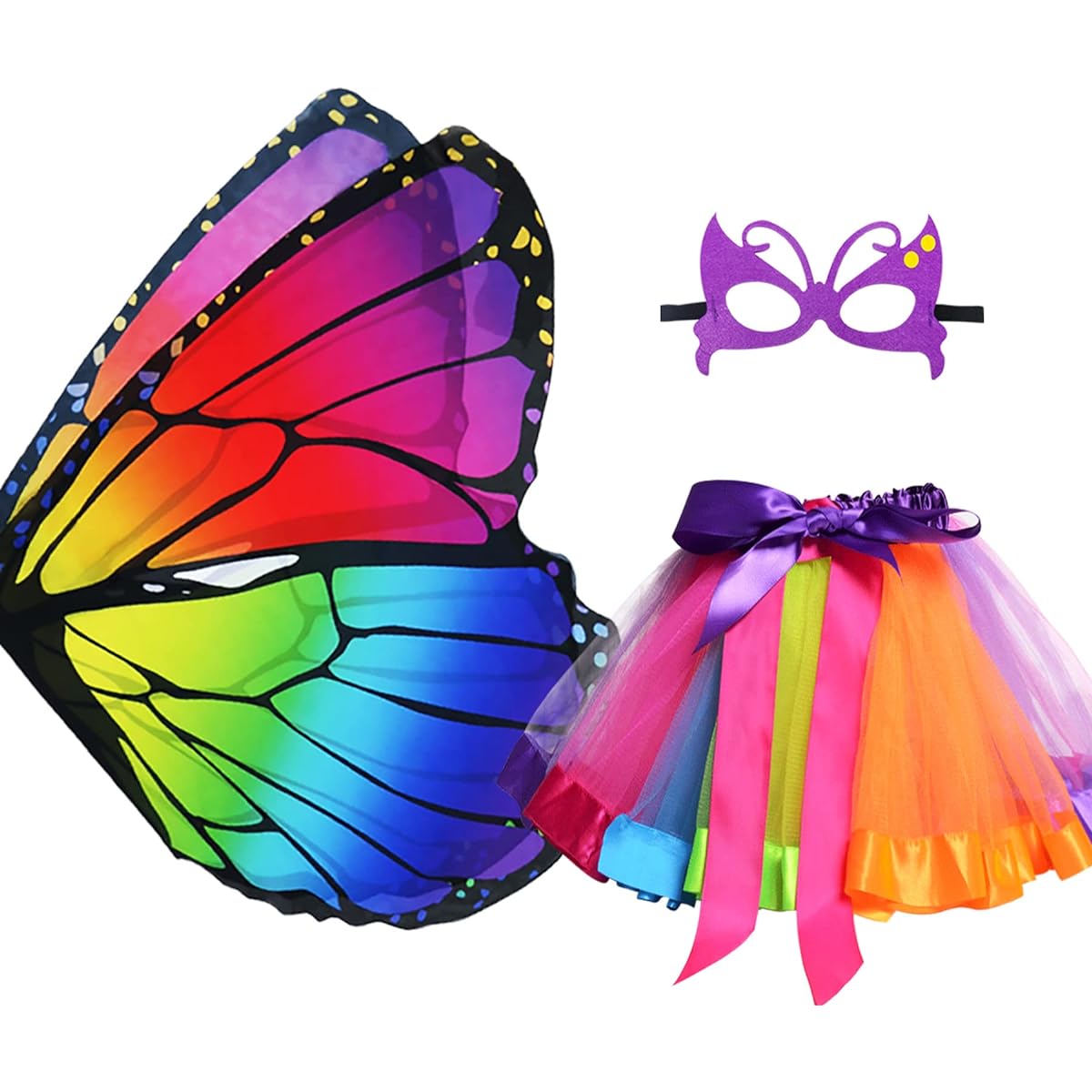 Kids Rainbow Fairy Butterfly Wings Costume and Mask with Tutu Skirt for Girls Pretend Play Dress Up Party Favors