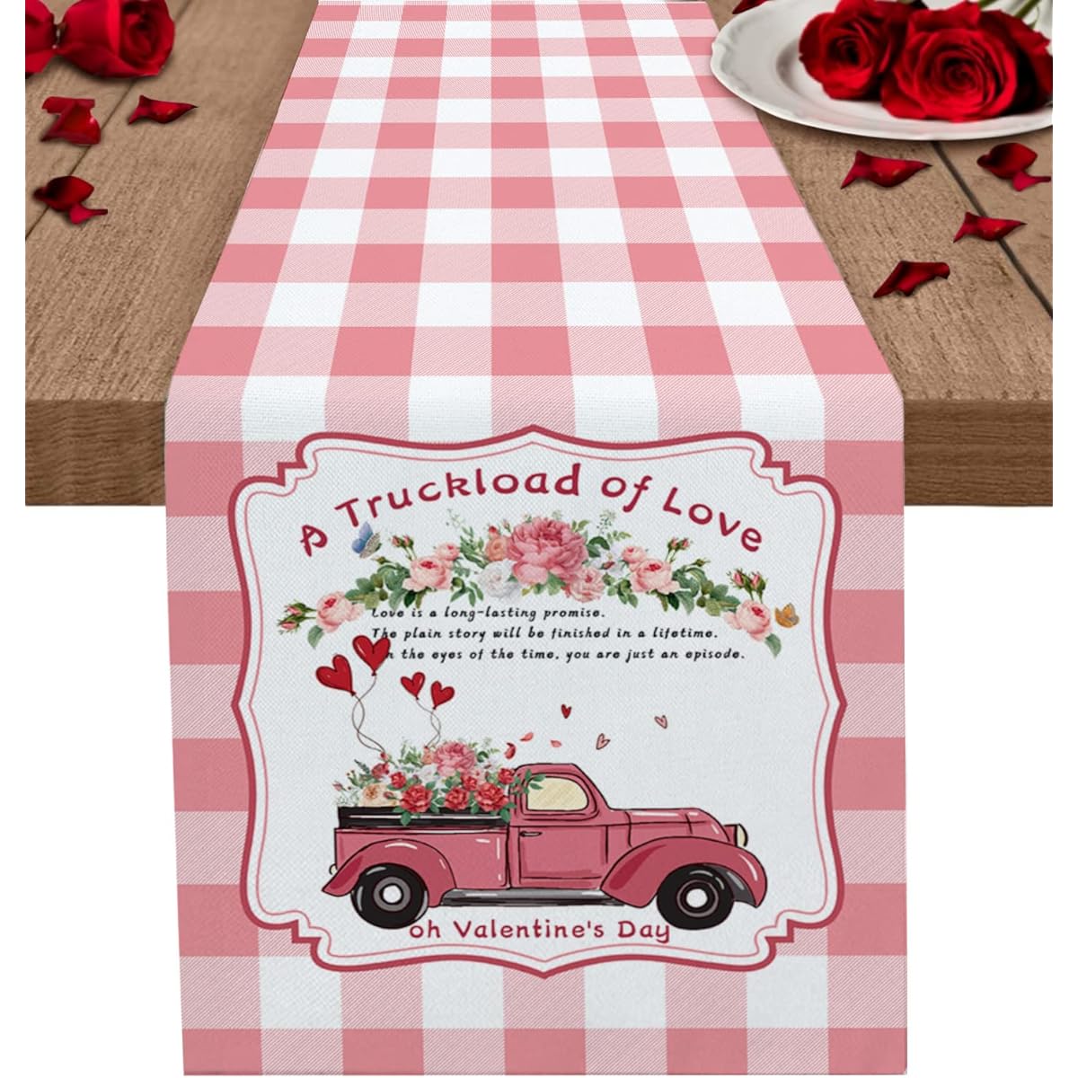 Coffee Table Runner Valentine's Day Truck Lord of Love Pink Plaid/Check Burlap Farmhouse Kitchen Decor Craft for Family Dinner/Party/Gathering 14x72 Inch