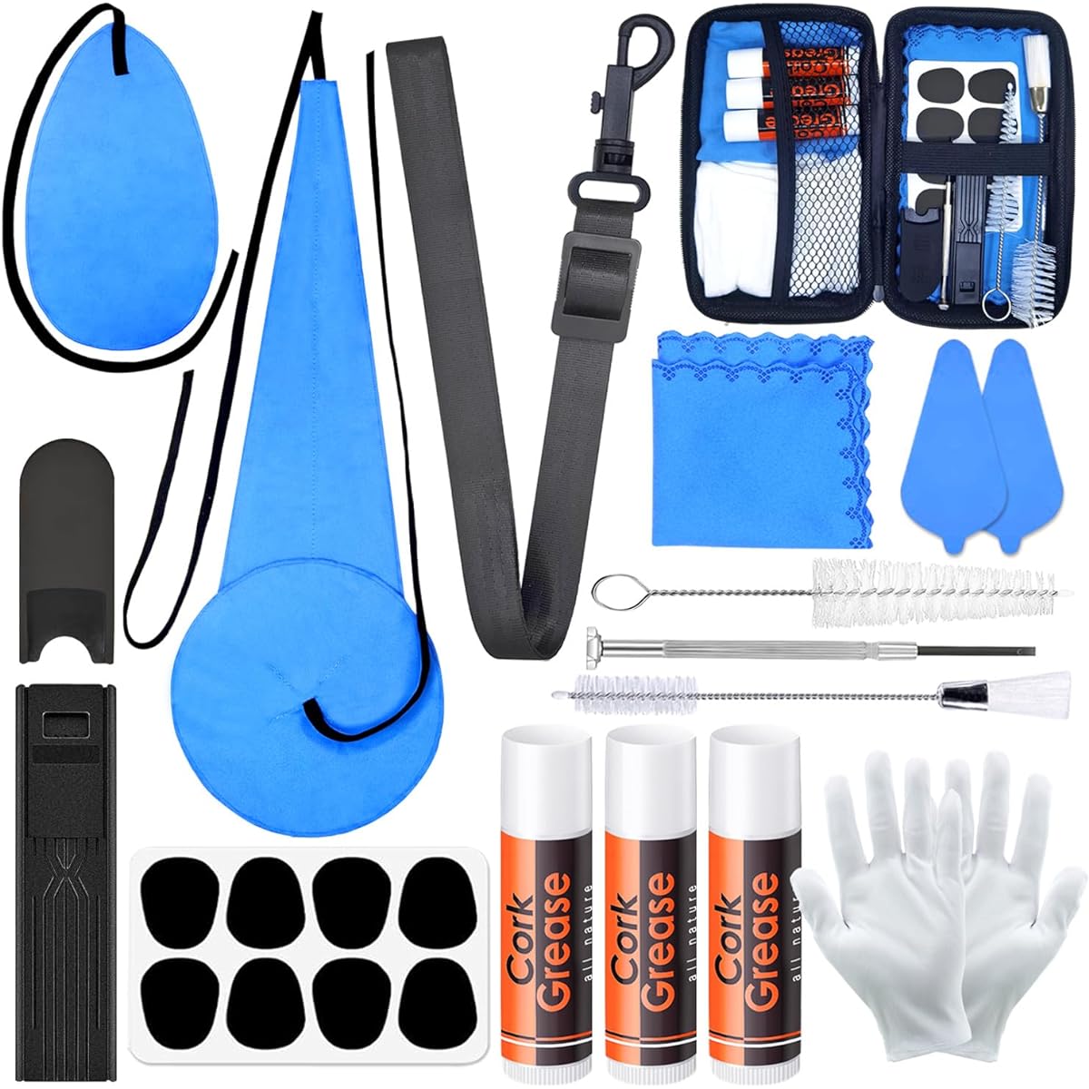 Clarinet Saxophone Cleaning Kit with Case, Flute Cleanser, Maintenance Kit, Cork Grease, Cotton Swabs, Cleaning Cloth Included, Thumb Rest, Reed Case, Mouthpiece Brush, etc. for Wind and Woodwind Strums
