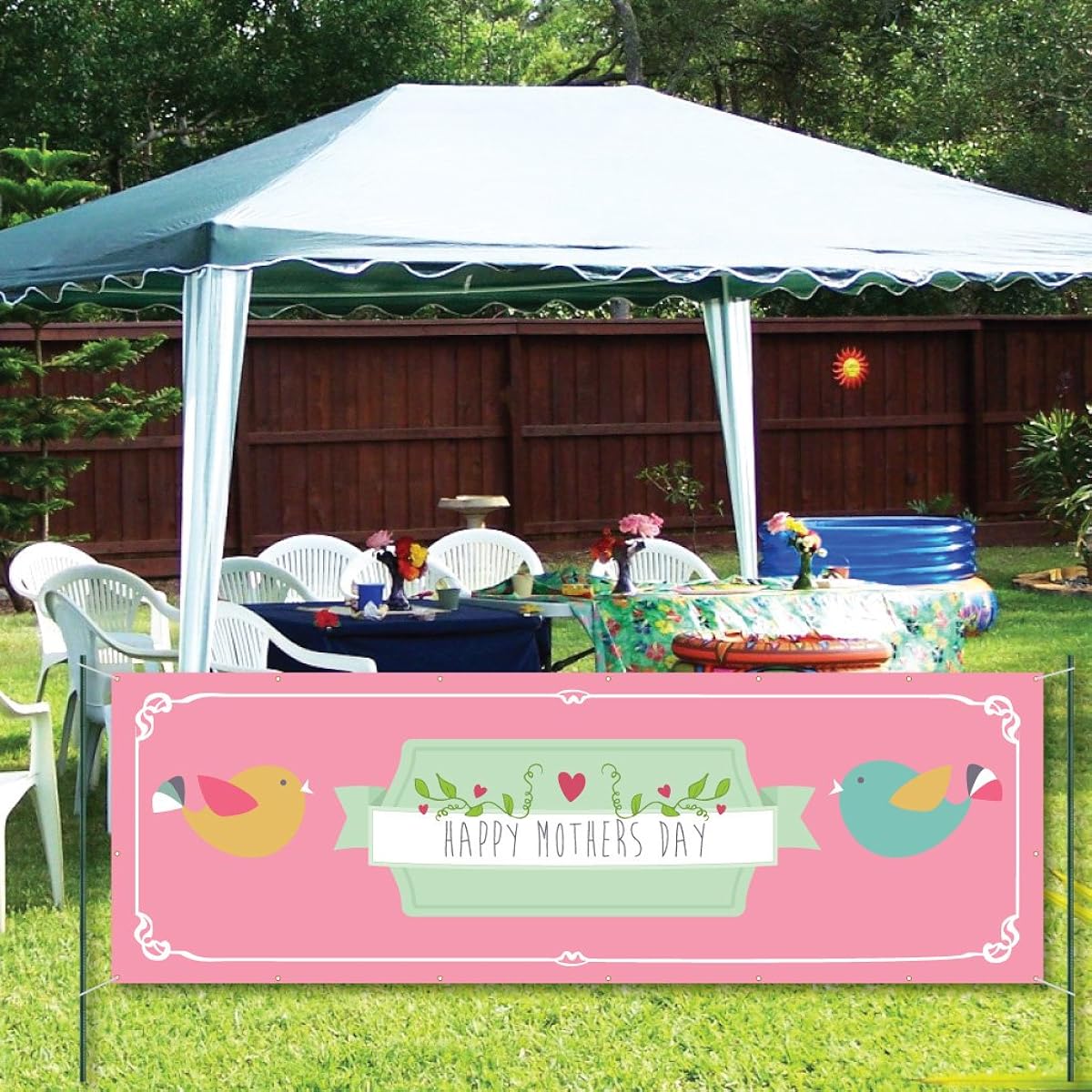 VictoryStore Party Banner - Happy Mother's Day Vinyl Banner with Pink Background and Bird Design