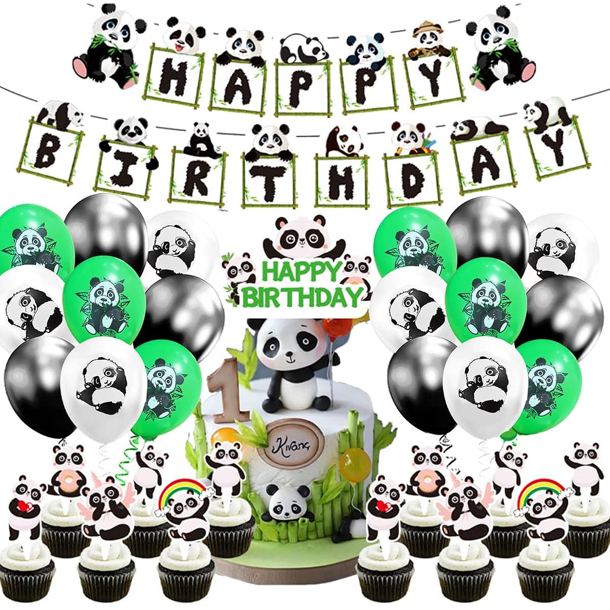 Panda Birthday Party Supplies, Panda Happy Birthday Banner Balloons Panda Cake Topper for Kids Boys Girls Panda Theme Birthday Party Decorations