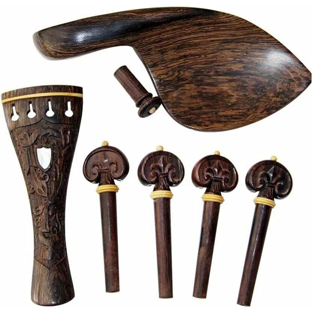 Violin Accessories 4/4 Carved Violin Accessories Fiddle Parts Set Tailpiece Pegs Chin Rest Endpin Mother of Pearl (Color: Snakewood)