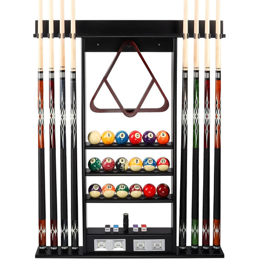 GSE 8 Pool Cue Wall Rack with Score Counter, Pool Cue Stick Hanging Wall Mount Rack Only, 8 Pool Cue Sticks, Billiard Ball Rack, Pool Ball Full Set (Black)