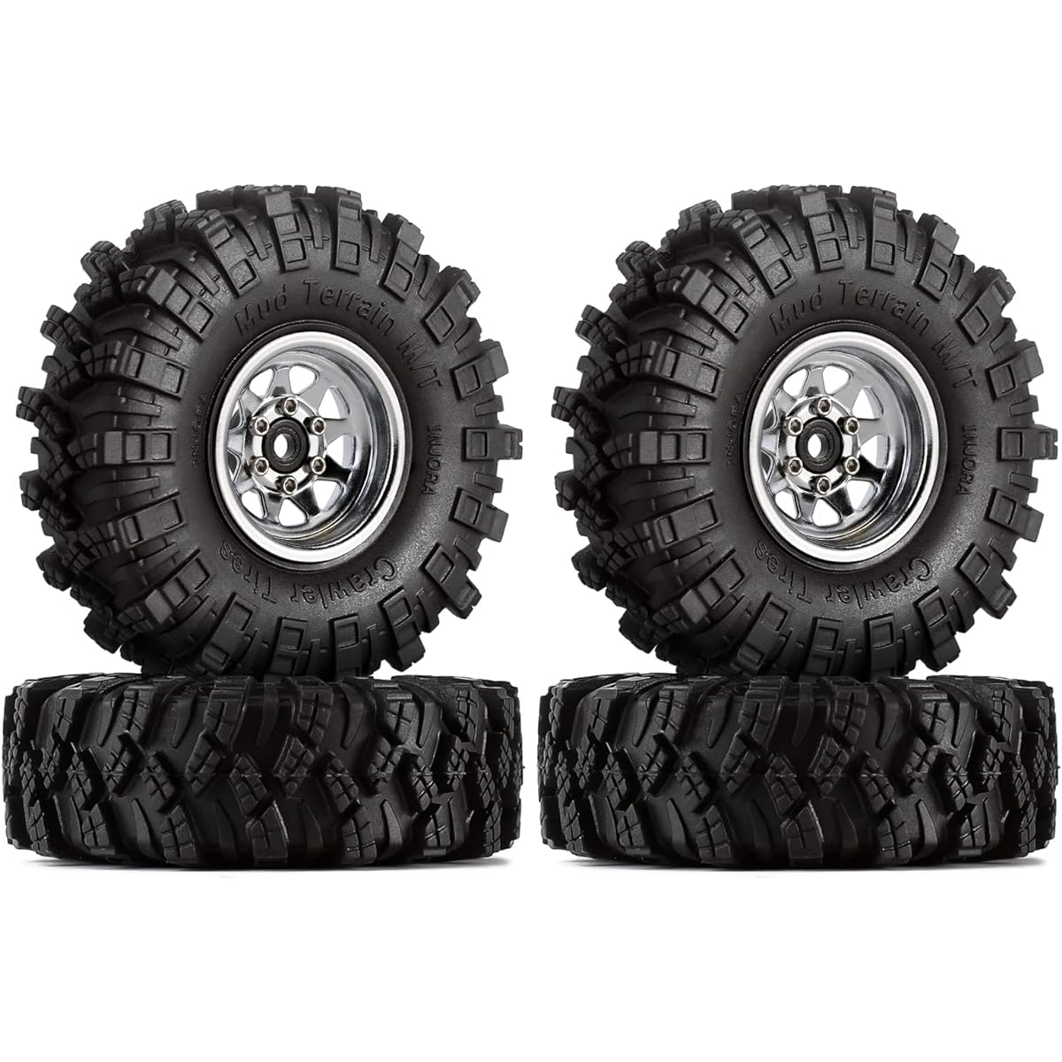 INJORA 1.0 Beadlock Wheel Mud Tire Set Deep Dish 1" Wheel Tire for 1/18 TRX4M Axial AX24 SCX24 Gladiator Deadbolt Bronco C10 JLU Upgrade Parts (Silver)