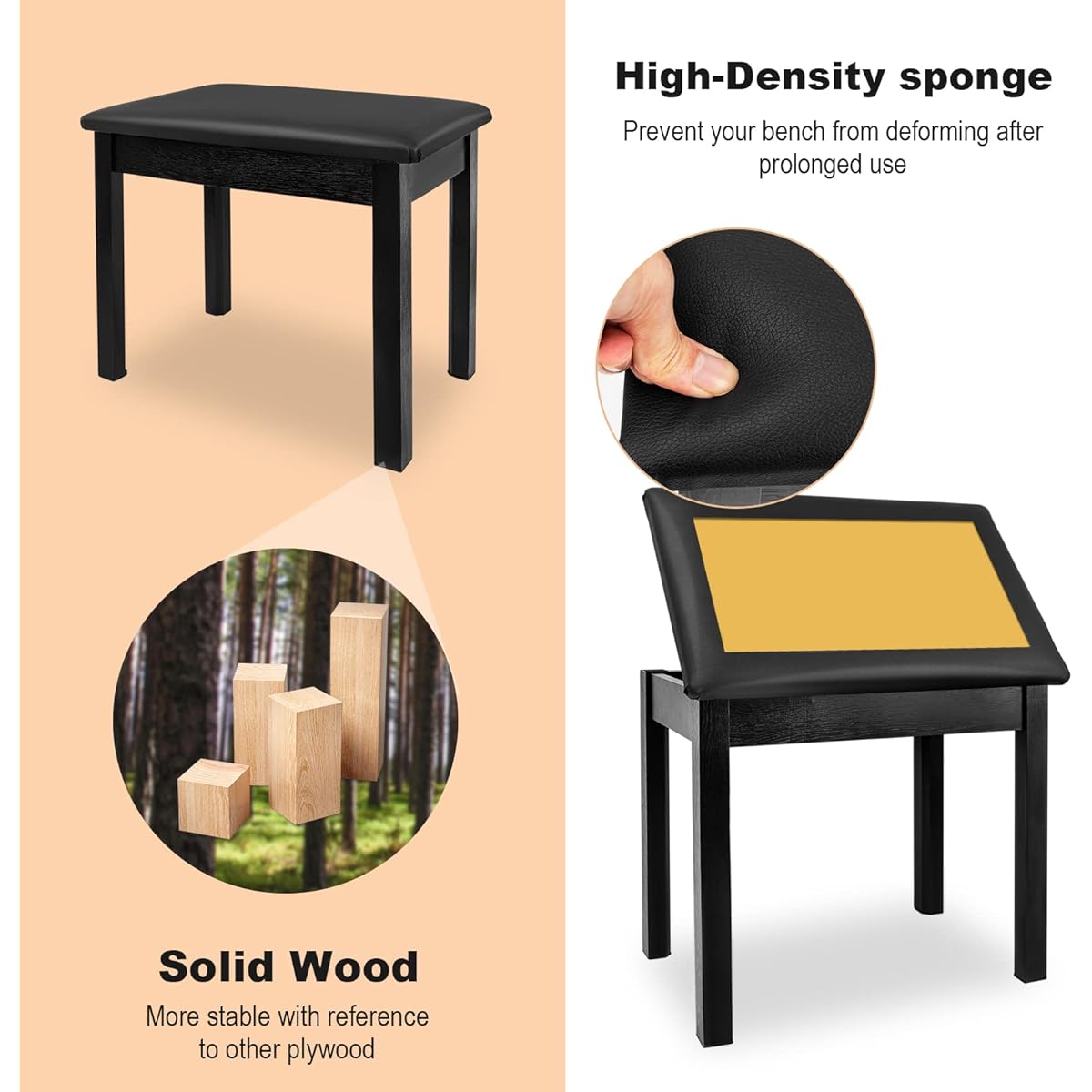 LETSROCK Piano Bench with Padded Cushion and Storage Wooden Keyboard Bench Piano Bookshelf Stool Chair Seat Waterproof 21.5X 13x19.3 Inch Black