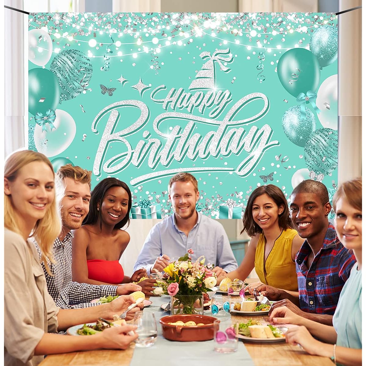 Happy Birthday Backdrop Decorations-Navy Blue and Silver Birthday Background,Happy Birthday Supplies,Blue Birthday Photo Background Banner for Men Women 16th 30th 40th 50th 60th Birthday