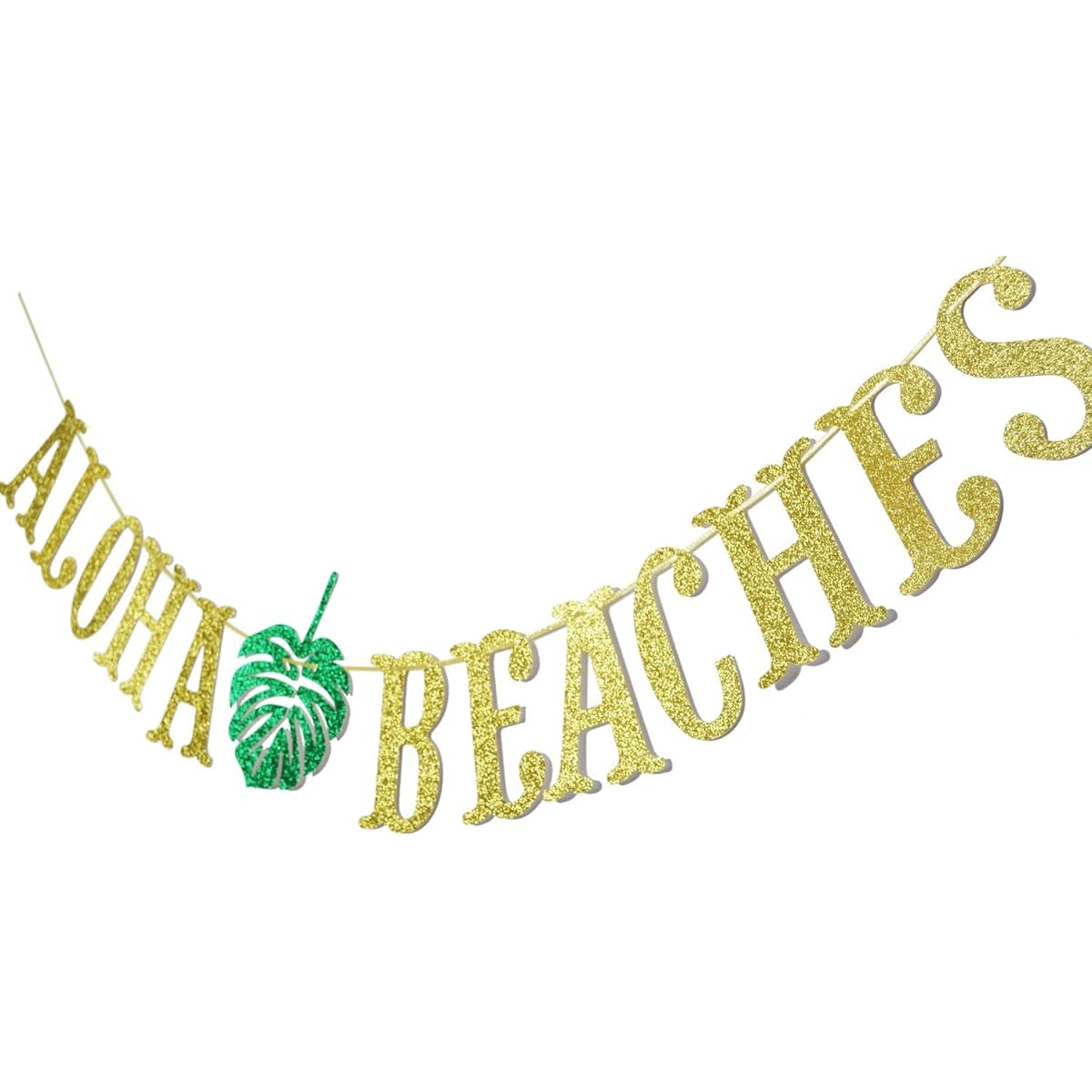 Hawaiian Aloha Banner Decoration Palm Leaf Garland for Hawaiian Tropical Luau Sand Beach Summer Party Supplies Decor Favors Bunting Photo Booth Props Sign (Gold & Green Glitter)