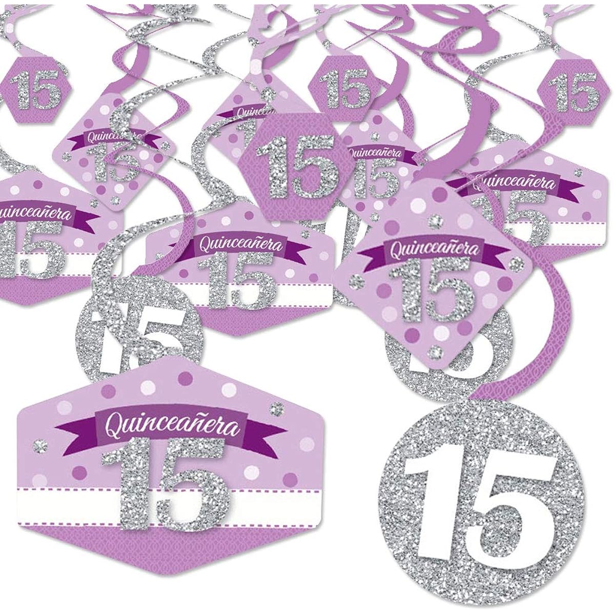 Big Dot of Happiness Quinceanera Purple - Sweet 15 - Birthday Party Hanging Decorations - Party Decoration Swirls - Set of 40
