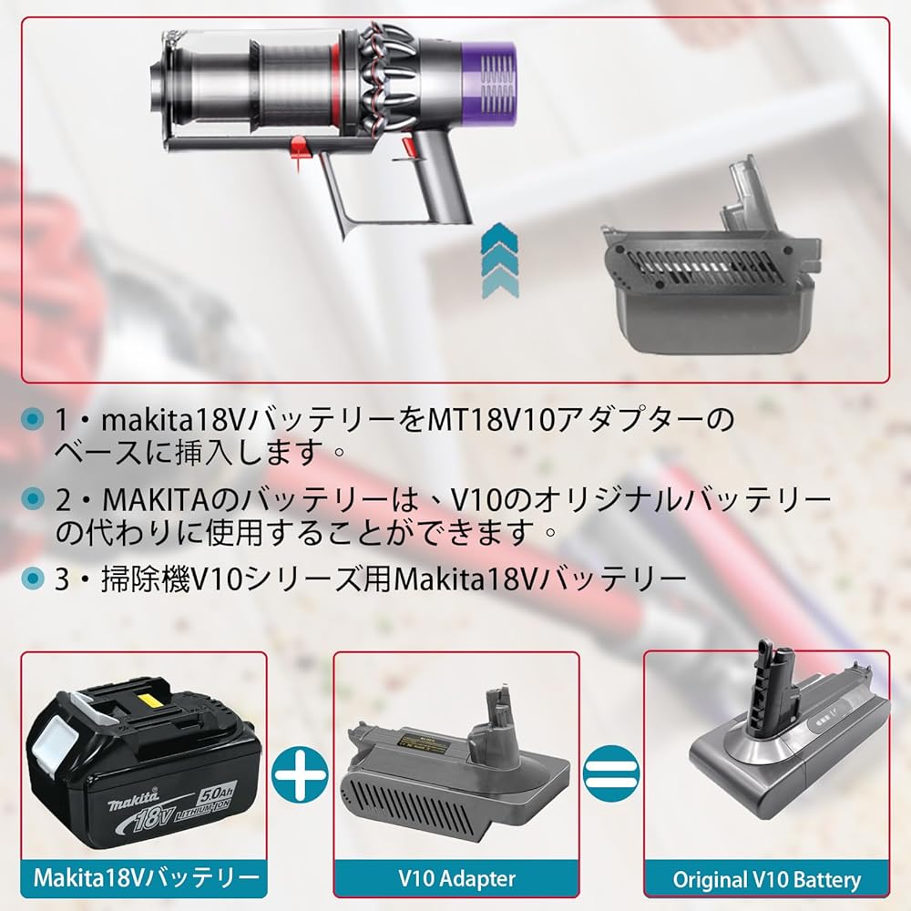 Dyson V10 Battery Adapter Vacuum Cleaner Battery Adapter Compatible with Makita 18V Lithium Battery Dyson Vacuum Cleaner Battery Replacement 25.2V Compatible with dyson V10 Fluffy/ V10 Fluffy+/V10 Absolute/V10 Animal